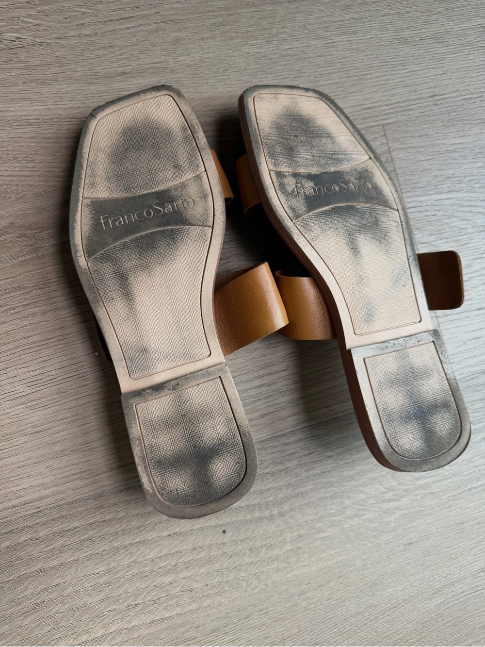 Franco Sarto Cognac Leather Slide Sandals with Gold Buckle - Picture 6 of 7